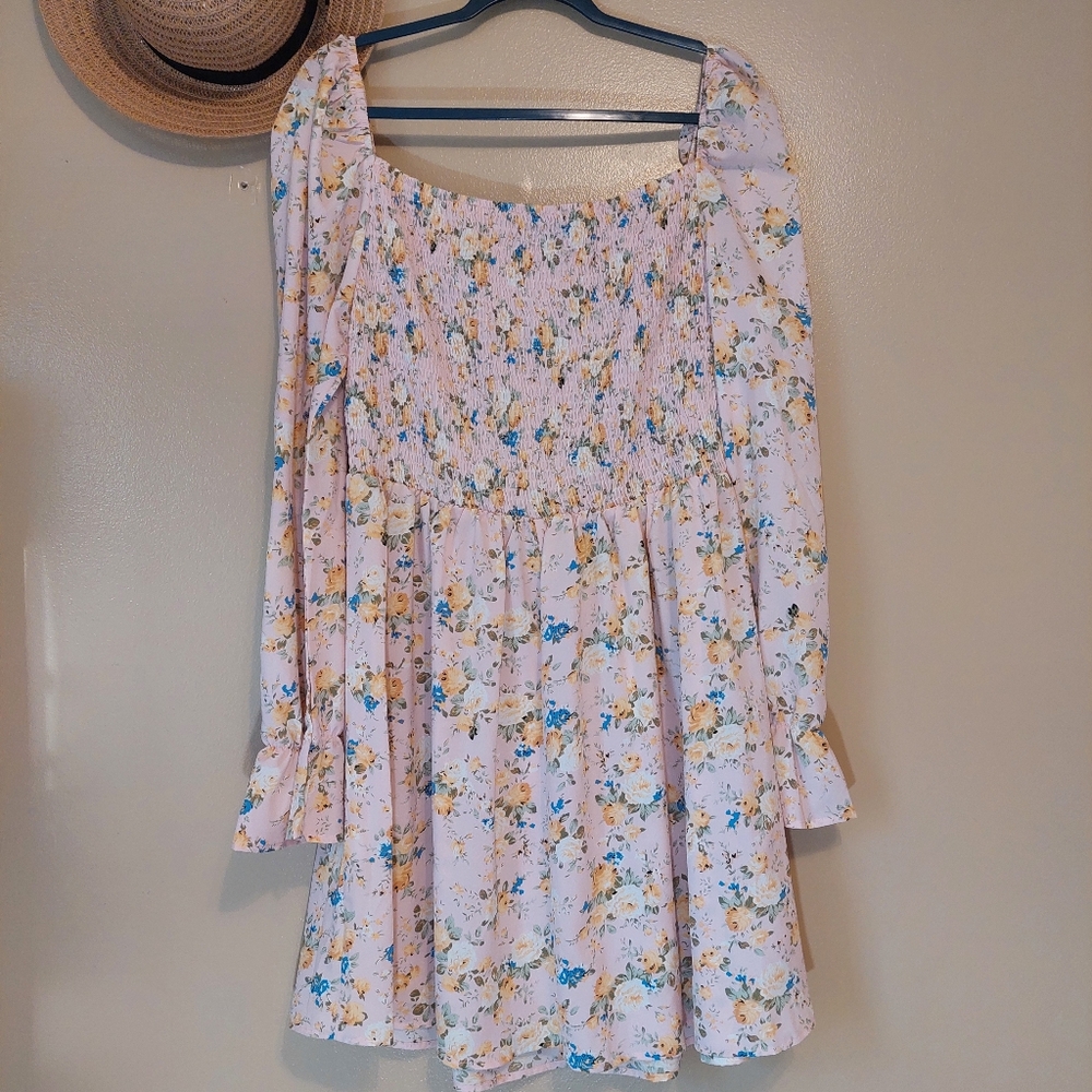 SHEIN Floral Smocked Puff Sleeve Mini Dress XL Light Pink Boho Square Neck - Picture 8 of 8